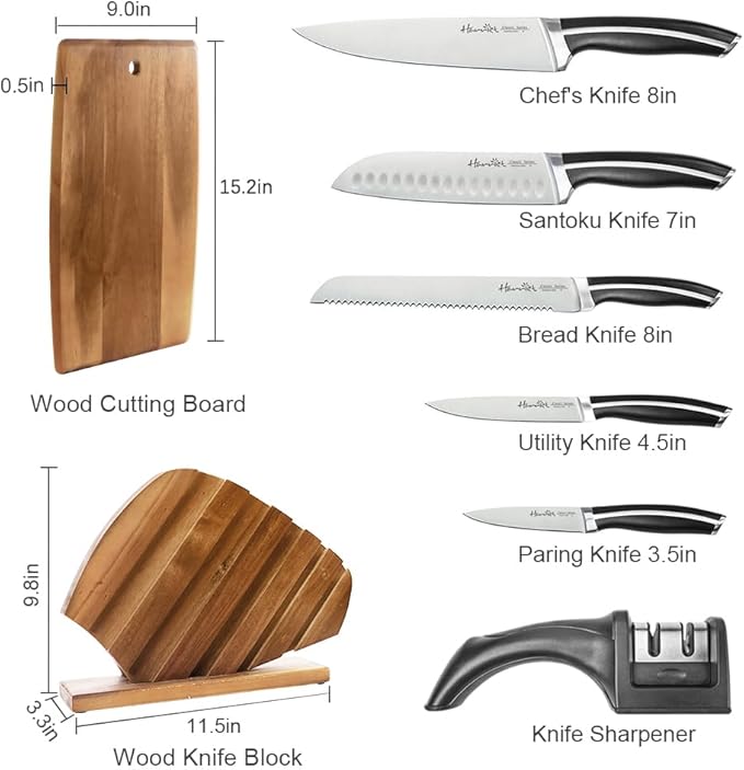Harriet Knife Set - 7 Pieces Kitchen Knife Set with Cutting Board & Sharpener, High-Carbon Stainless Steel Knife Block Set, Chef Knife Set with Acacia Wood Knife Block
