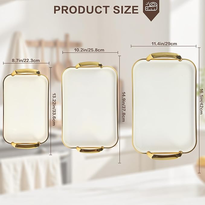 Serving Tray with Handles Set of 3 Rectangular Large Serving Platters 16.5/14.9/13.2 Inch White Plates for Dinner, Party, Entertaining, Cream Gold