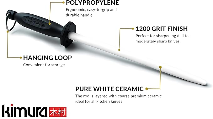 Kimura Professional Ceramic Honing Rod, 10 inch Honing Steel, Ceramic Knife Sharpener, 1200 Grit Finish, Ergonomic & Balanced Polypropylene Handle, Ideal for All Chef Knives, Japanese Gift Box