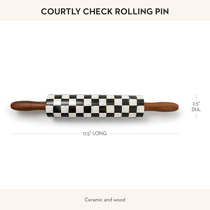 MACKENZIE-CHILDS Rolling Pin, Decorative Roller Pin for Baking, Cute Baking Supplies, Black-and-White Courtly Check