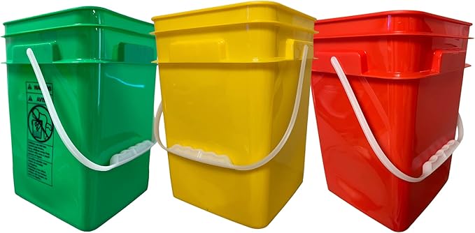 House Naturals 4 Gallon Square Food Grade Bucket Pail with Plastic Handles and Lid (Pack of 3) Made in USA containers (Yellow-Green-Red)