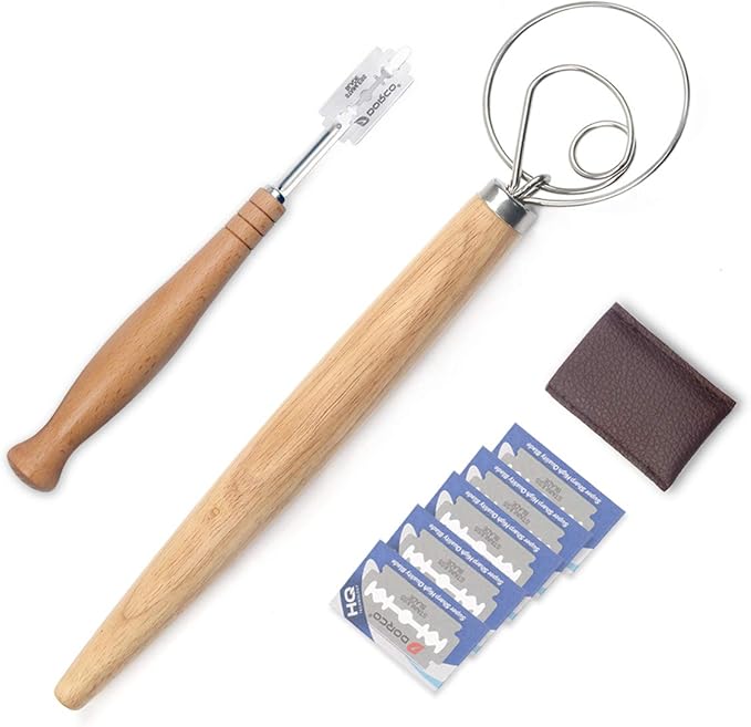 Danish Dough Whisk and Bakers Bread Lame Tool for Baking Cake Pizza, Stainless Steel Dough Scoring Knife with 5 Replacement Blades Leather Storage Cover, Lame Bread Dough Whisk Slashing Tool