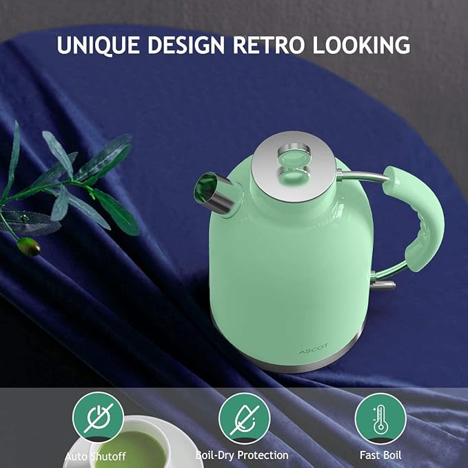 ASCOT Electric Kettle, Stainless Steel Electric Tea Kettle Gifts for Men/Women/Family 1.5L 1500W Retro Tea Heater & Hot Water Boiler, Auto Shut-Off and Boil-Dry Protection (Green)