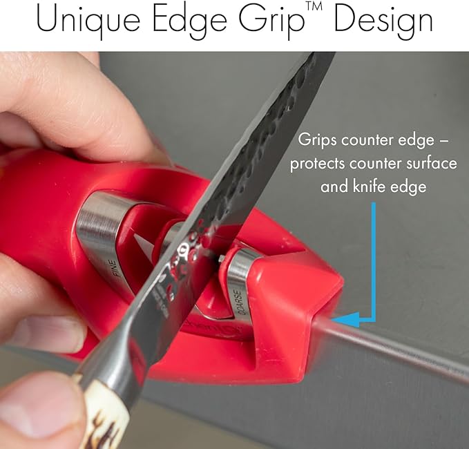 KitchenIQ 50883 - Edge Grip 2-Stage Knife Sharpener - Red - Coarse & Fine Sharpeners - Compact - Stable Non-Slip Base - Soft Grip Rubber Handle - Straight & Serrated Knives