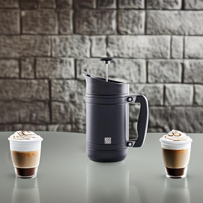 BruTrek BaseCamp Coffee Press - Double Wall Insulated Stainless Steel - Bru-Stop Technology, No Grounds in Coffee, No Spill Lid (Obsidian, 32 fl.oz)
