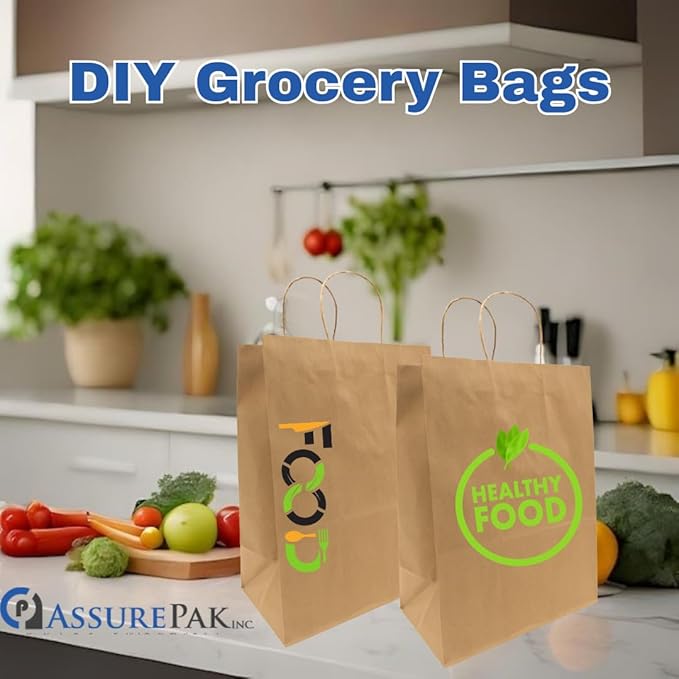 ASSUREPAK DIY Grocery Paper Bags - 100 Bags - 12"x9"x16" - 74LB (110 GSM strong) Twisted Handle - Kraft/Natural - Recyclable Food & Supermarket Bags for Decorating & Branding