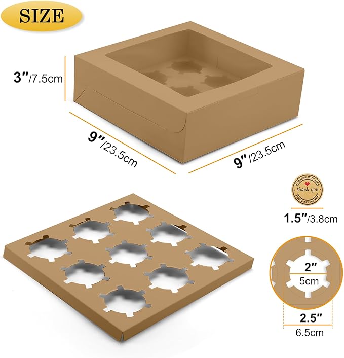 9-Count Brown Cupcake Boxes with Window and Insert, 9x9x3 Inch, 16 Pack, Suitable for Cupcakes, Muffins, and Cookies