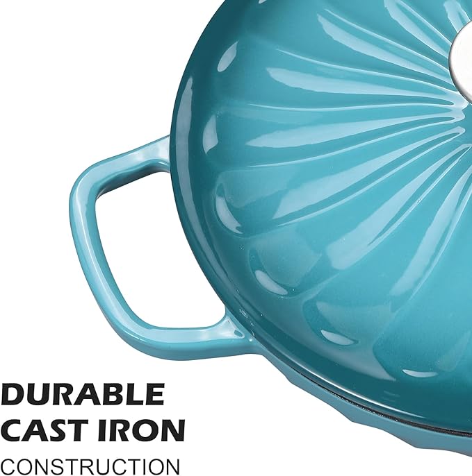 Enameled Cast Iron Braiser, 3.8 Quart Enamel Dutch Oven with Handles, Cast Iron Braiser Pan with Lid,Enameled Cookware (BlueGreen)
