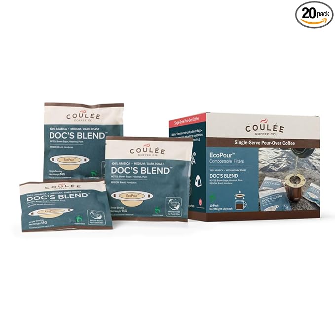 Coulée EcoPour Coffee - Doc's Blend - pre-filled EcoPour Single-Serve Filter Box, 14g Each (10 Count (Pack of 1), Doc's Blend)