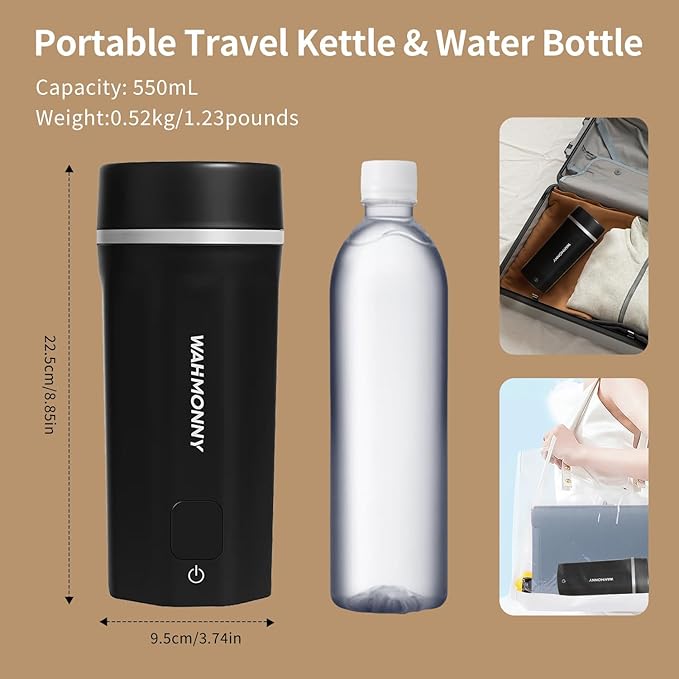 550ml Travel Kettle,110V-240V Dual Voltage Portable Electric Kettle 6-Temperature Control,304 Stainless Steel Small Mini Tea Coffee Kettle,400W Fast Water Boiler with Auto Shut-Off, Black