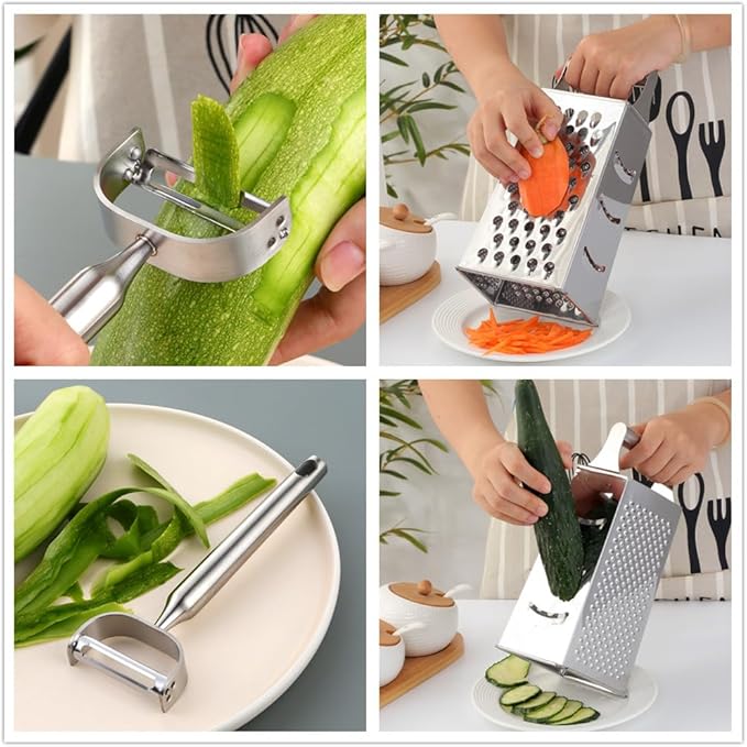 4 Sides Box Grater For Kitchen,Stainless Steel Cheese Grater With Handle,Multi-Function Vegetable Slicer Food Shredder For Chees,Ginger,Vegetables,Dishwasher Safe, Silver