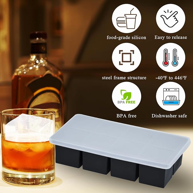 2 Pack Large Ice Cube Trays for Whiskey, Big Silicone Ice Cube Trays 2 inch Square Cubes, Huge Square Ice Cube Maker, Silicone Molds for Whiskey, Bourbon, and Cocktails, BPA-Free & Dishwasher
