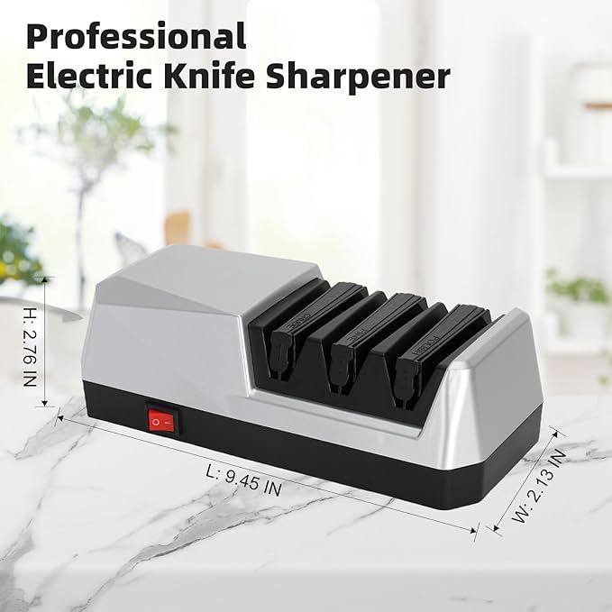 Knife Electric Sharpener for Kitchen, Bread, Serrated & Japanese-style Knife, 3 Stages Precision Angle Guides Sharpener, 100% Diamond Abrasives