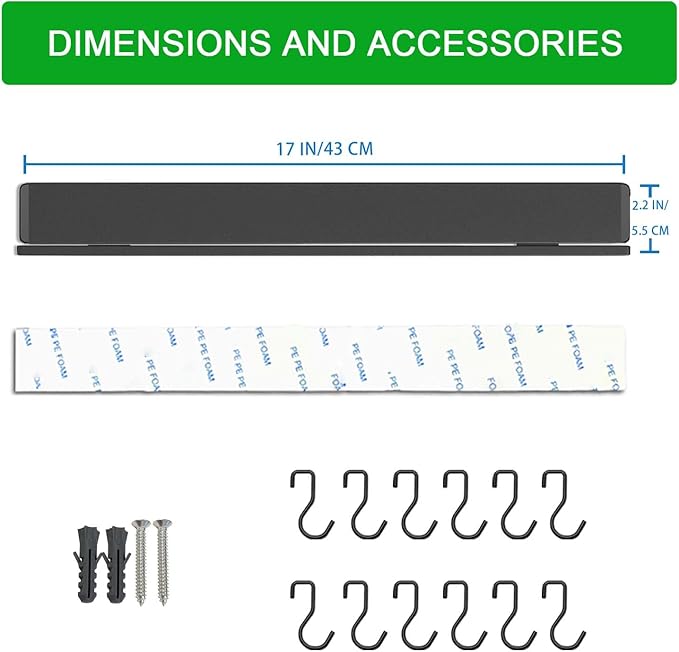 YIIYIIN 17 Inch Magnetic Knife Holder for Wall No Drill,Adhesive Knife Magnetic Strip with 12 Hooks,Kitchen Double Rods Stainless Steel Magnetic Utensil Holder(Black)