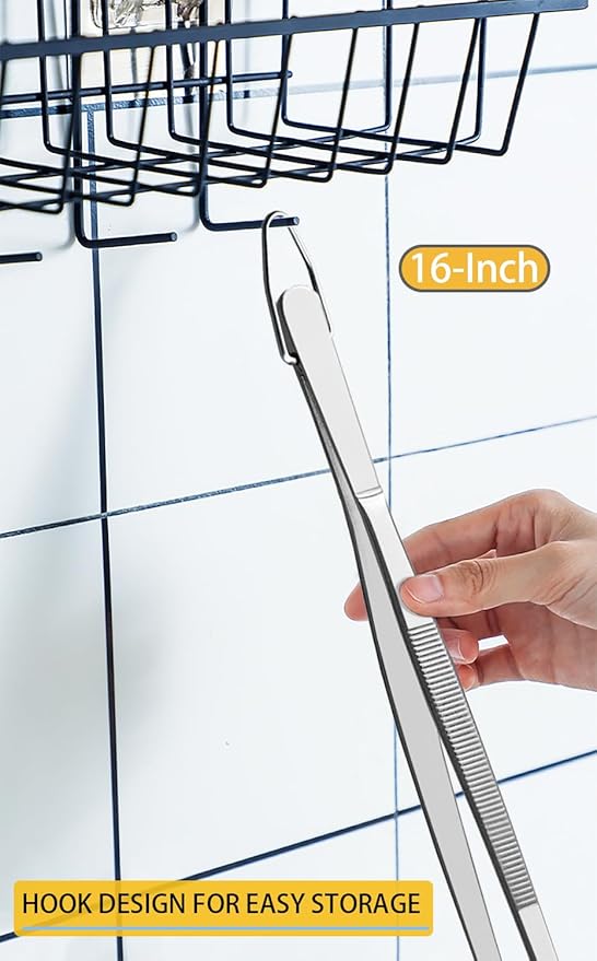 JETKONG 16-Inch Fine Tweezer Tongs Extra-Long Cooking Tweezer Stainless Steel Kitchen Tweezers (Round-Tips)