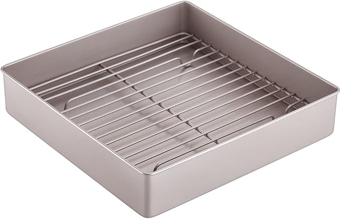 CHEFMADE Roasting Pan with Rack, 11-Inch Non-Stick Square Deep Dish Cake Pan with Wire Rack for Oven Baking, BBQ, Jelly Roll and Roasting 11.2" x 11.2" x 2.4" (Champagne Gold)
