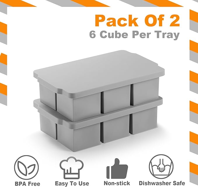 Nax Caki Large Ice Cube Tray with Lid Pack of 2, Stackable Big Silicone Square Ice Cube Mold for Whiskey Cocktails Bourbon Soups Frozen Treats, BPA Free