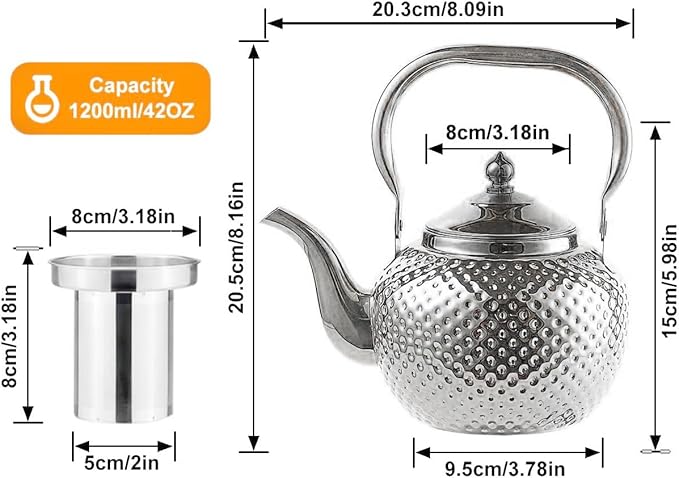 SANQIAHOME 1200ml teapot with Infuser stainless steel Water Boilers lifting handle Tea Maker Water Kettle for Induction/Gas silver