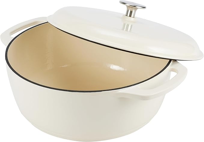 Amazon Basics Cast Iron Dutch Oven Pot with Lid, Enameled, Round, Dual Handles, Heavy-Duty, Large, 7.3-Quart, Matte White
