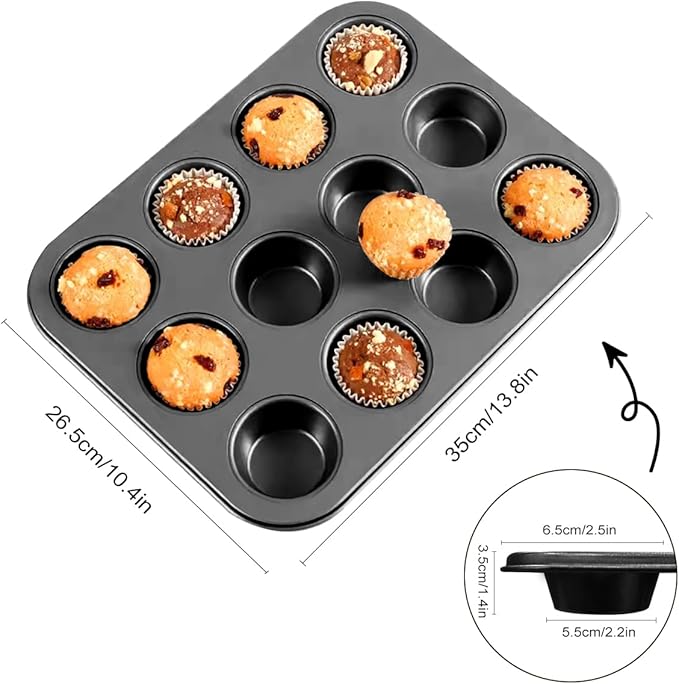 Muffin Pan, Cupcake Pan, Set of 2, 12-Cup Muffin Tin, Non-Stick Bakeware, Easy to Release and Clean, Baking Molds, Muffin Tray, Molds for Homemade Cupcakes & Muffins (Black)