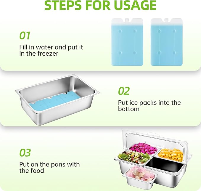 Stainless Steel Ice Food Serving Display Container 6 Pans 3 Ice Packs Cooled Condiment Dispenser Cold Serving Appetizer Buffet Organizer (4 Pans)