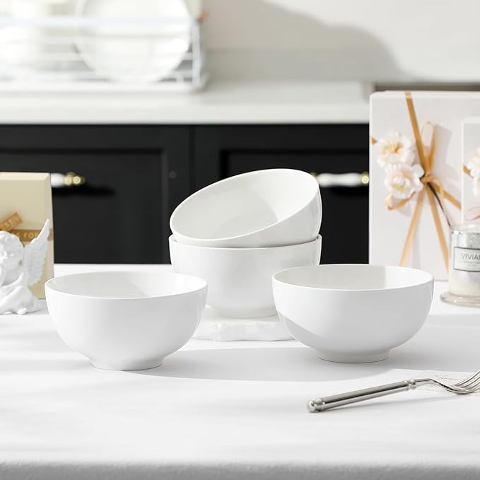 MALACASA 26 Oz Porcelain Soup Bowls Set of 4, White Ceramic Bowls for Kitchen, Cereal Bowl for Oatmeal, Fruit, Salad, Ramen and Rice Bowl -Dishwasher & Microwave Safe Bowls