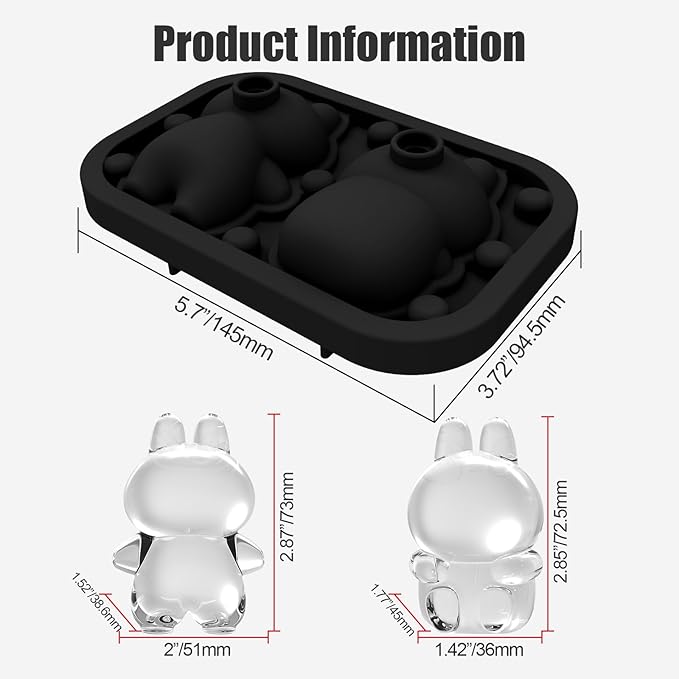 3D Rabbit Shapes Ice Cube Mold Silicone Large Ice Cube Molds 2.5 inch Animal Ice Cube Tray for Cocktails, Bourbon,Brandy, Whiskey Gifts for Men (Black)