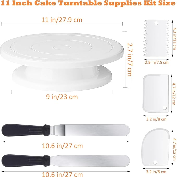 11 Inch Revolving Cake Stand Turntable, Cake Decorating Kit with 24 Icing Piping Tips, 3 Scrapers, 2 Spatulas, 1 Coupler and 1 Reusable Piping Bag, Baking Supplies for Beginners and Cake Lovers