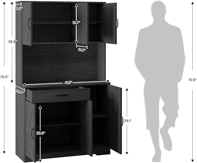 71" Kitchen Pantry Cabinet with Charging Station, Buffet Sideboard for Coffee Maker & Toaster, Storage Cabinet for Snacks, Spices & Wine, Fits Kitchen, Dining Room & Coffee Bar，Black wood grain