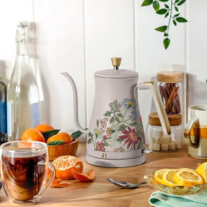 Beautiful 1L Electric Gooseneck Kettle, Precision Pour Spout, 1200W Fast Boil, Auto Shut-Off, Cordless, Stainless Steel, Tea & Coffee Maker with Ergonomic Handle, Wildflower Porcini Taupe