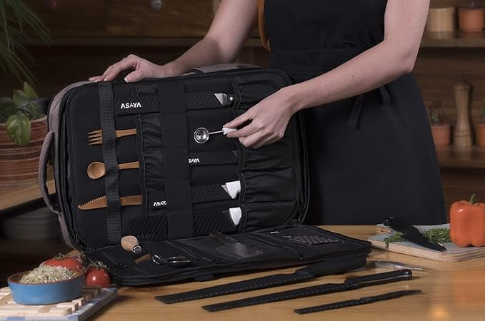 Asaya Chef Knife Backpack with 20 Pocket Knife Roll Bag - Over 30 Pockets for Knives - Knives Not Included (Brown)