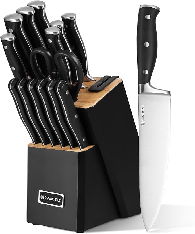 Black Knife Set, 15-Piece Knife Block Set with Built-in Sharpener Scissors for Kitchen, Dishwasher Safe Knives set Ideal Present for Family & Restaurant