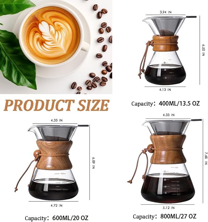 Pour Over Coffee Maker with Reusable Stainless Steel Drip Filter, Lead-Free Borosilicate Glass Coffee Carafe with Modern Wooden Collar for 1-2Cup, Circular Clear (400ml/13.5oz)