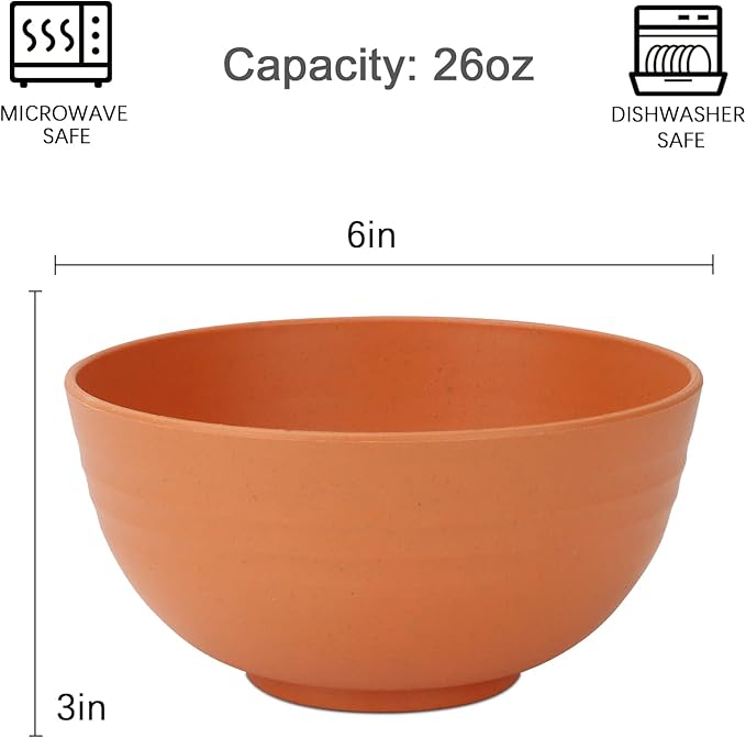 Homienly Wheat Straw Bowls Set, Unbreakable & Lightweight Microwave Safe Bowls for Soup, Cereal, Salad, 8-Piece Vibrant Soup Bowls for Kitchen, Family, Party, Picnic, Dishwasher Safe, 26 OZ(Orange)
