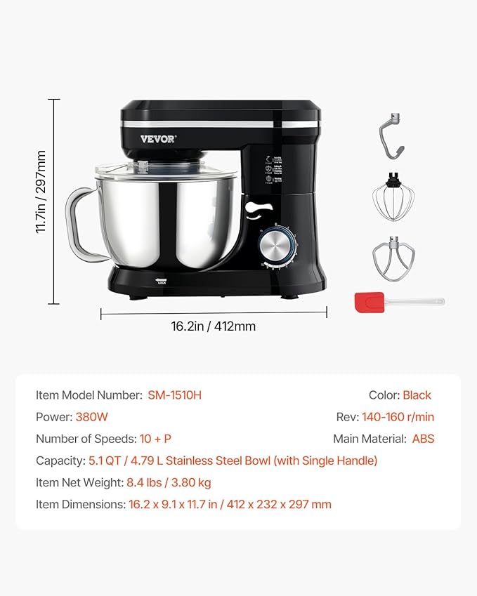 VEVOR Stand Mixer, 5QT Dough Mixer, 10+P Speeds Tilt-head Food Mixer, Kitchen Mixer with Stainless Steel Bowl, Dough Hook, Wire Whip, Beater, Scraper, Household Stand Mixer for Baking Mixing, Black