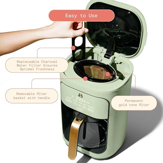 Beautiful 14 Cup Programmable Coffee Maker, Touch Display, 1200W, Brew Strength Control, Keep Warm, Pause & Serve, Glass Carafe, Reusable Filter, Auto Shut-Off, Matte Finish (Sage Green)