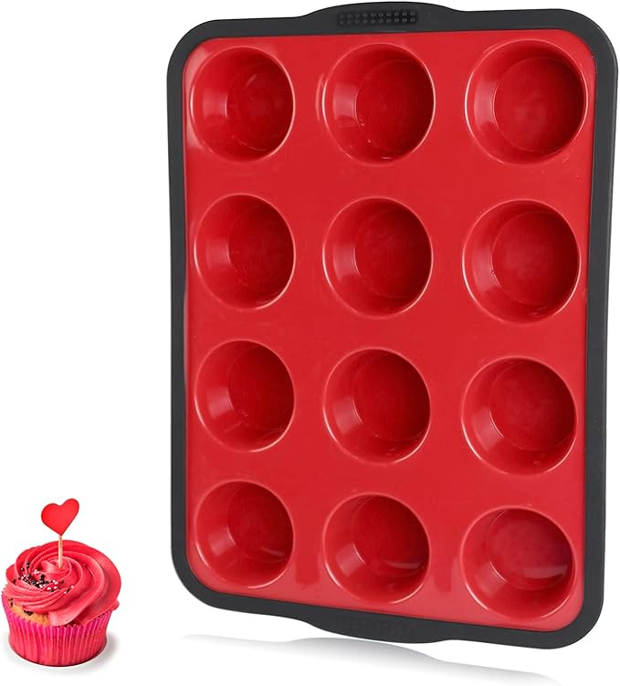 Aichoof Non-Stick Silicone Muffin Pan With Reinforced Stainless Steel Frame Inside,12 Cup Regular Muffin Baking Mold, 12 Cup Muffin Tin, BPA Free,Dishwasher Safe, Red