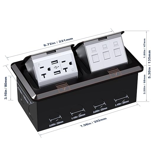 KYHSHJ Dual Pop-Up Floor Electrical Outlet Box Kit，20 Amp Stainless Steel USB TR Receptacle Outlet，3-Port RJ45 Datacom Receptacle，Oil Rubbed Bronze