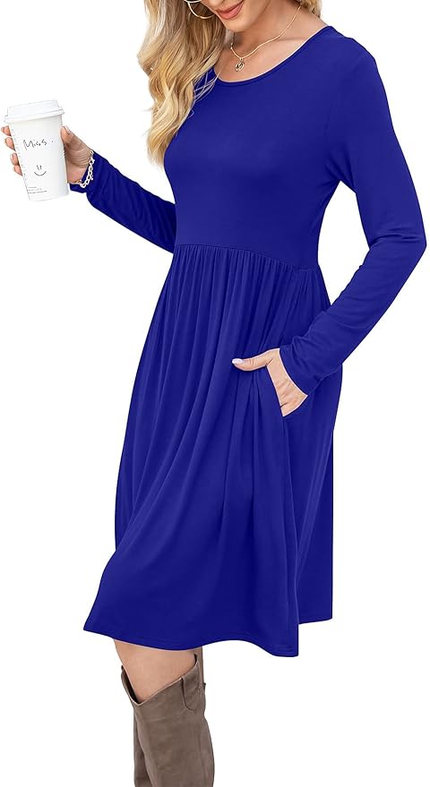 DB MOON Women Casual Long Sleeve Dresses Empire Waist Knee Length Loose Dress with Pockets