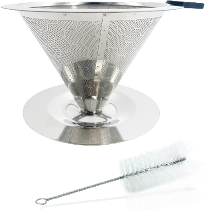 Slow Drip Paperless Coffee Filter, Pour Over Coffee Dripper, Reusable Pour Over Coffee Maker for Single Cup Brew, Double Mesh Design of Stainless Steel Cone Filter, with Clean Brush (1-4 cups)
