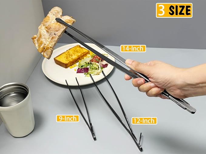JETKONG 3 Pcs 14-Inch Long Stainless Steel Thin Tongs Heavy Duty Kitchen Cooking Tweezers Tongs (14 14 14 Inch, Black)