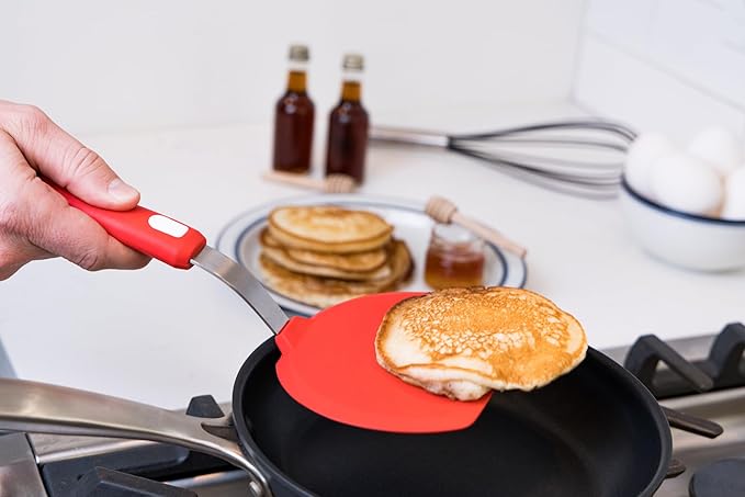 Silicone Pancake Spatula | Wide Beveled Edge Flipper with Stainless Steel Curved Handle | Heat Resistant Non-Stick Cooking