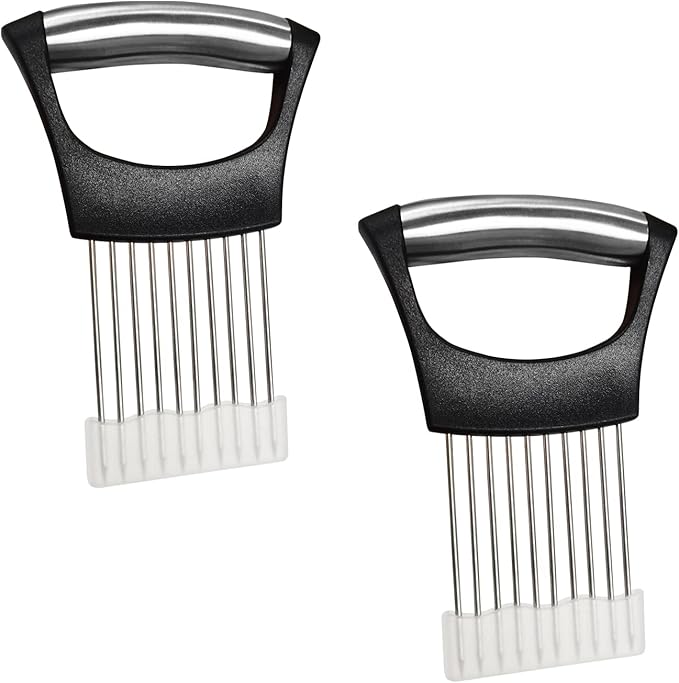 Stainless Steel Onion Slicer Holder – Multi-Purpose Kitchen Safety Tool for Onions|Potatoes|Tomatoes|Apples|Lemons Slicing, Ergonomic ABS Handle, Easy Clean, Uniform Slices, 2 PACK
