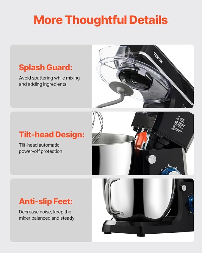 VEVOR Stand Mixer, 8.3QT Dough Mixer, 660W 6+P Speeds Tilt-head Food Mixer with Stainless Steel Bowl, Dough Hook, Wire Whip, Flat Beater, Scraper, Household Stand Mixer for Baking & Mixing, Black