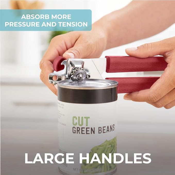 Kitchen Genie Slip Resistant Stainless Steel Manual Can Opener, Sharp Blade for Smooth Edge Cuts, Easily Open Cans, Ergonomic Handles with Easy to Turn Knob, Built-In Bottle Openers, Cherry Red
