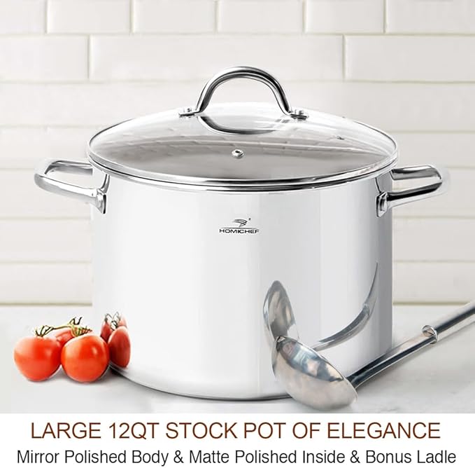 HOMICHEF 12 Quart LARGE Stock Pot with Glass Lid - NICKEL FREE Stainless Steel Healthy Cookware Stockpots with Lids 12 Quart - Mirror Polished Induction Pot - Commercial Grade Soup Cooking Pot
