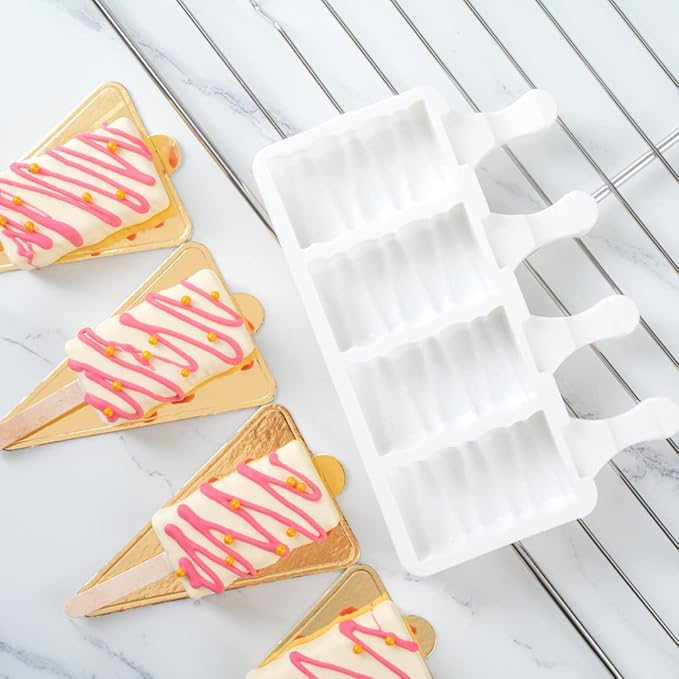Pastry Tek 4 Cavities Popsicle Mold, 1 Rectangle Cakesicle Mold - Flexible, Freezable, White Silicone Cake Popsicle Mold, Easy Release, For Baking - Restaurantware