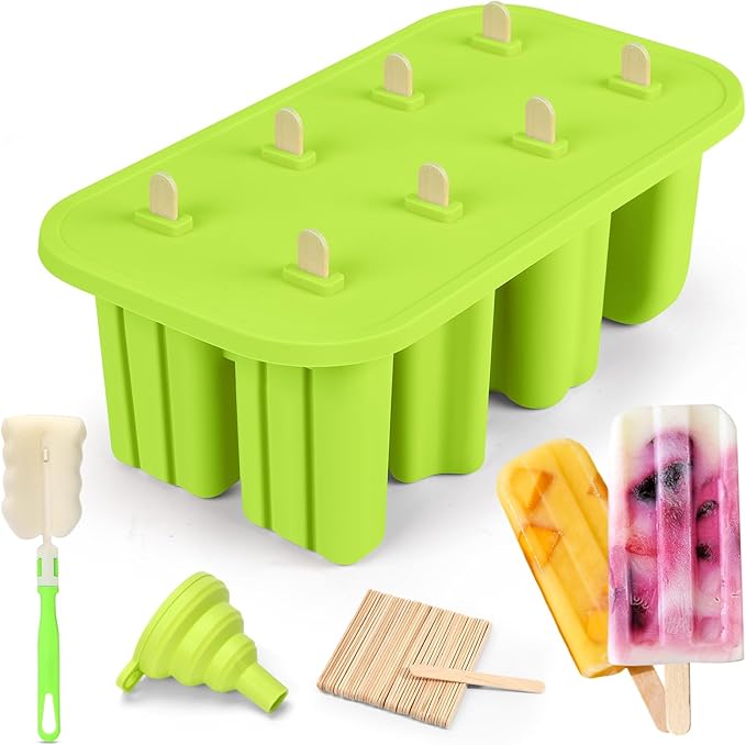 Popsicles Molds, 8-Cavity Silicone Popsicle Molds with 50 Sticks, BPA-Free Ice Pop Mold Popsicle Maker with Funnel & Cleaning Brush for Kids Adult Teens