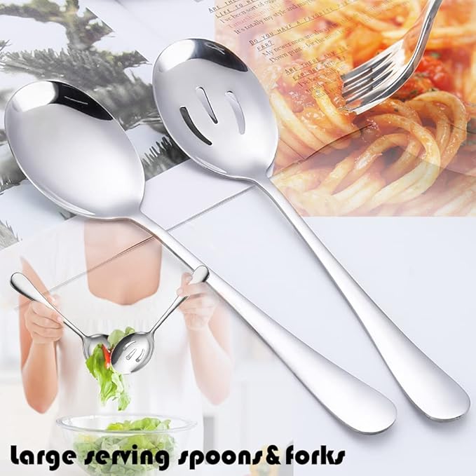 12 PCS Stainless Steel Serving Utensils, Large Spoons Slotted Spoons Forks Tongs, Ice Suger Tongs, Pie Server, Butter Knife, Coffee Spoons, Great for Buffet Catering Banquet Party, Silver