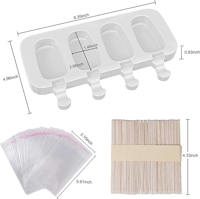 Ozera 2 Pack Popsicles Molds Set, Silicone 4 Cavities Oval Popsicle Cake Pop Molds for Homemade Cakesicles, with 50 Wooden Popsicle Sticks & Bags